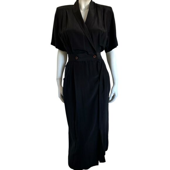 80s Silk Dress Black Long Sleeve Pockets Wrap Style Front Size 6 - Picture 1 of 10